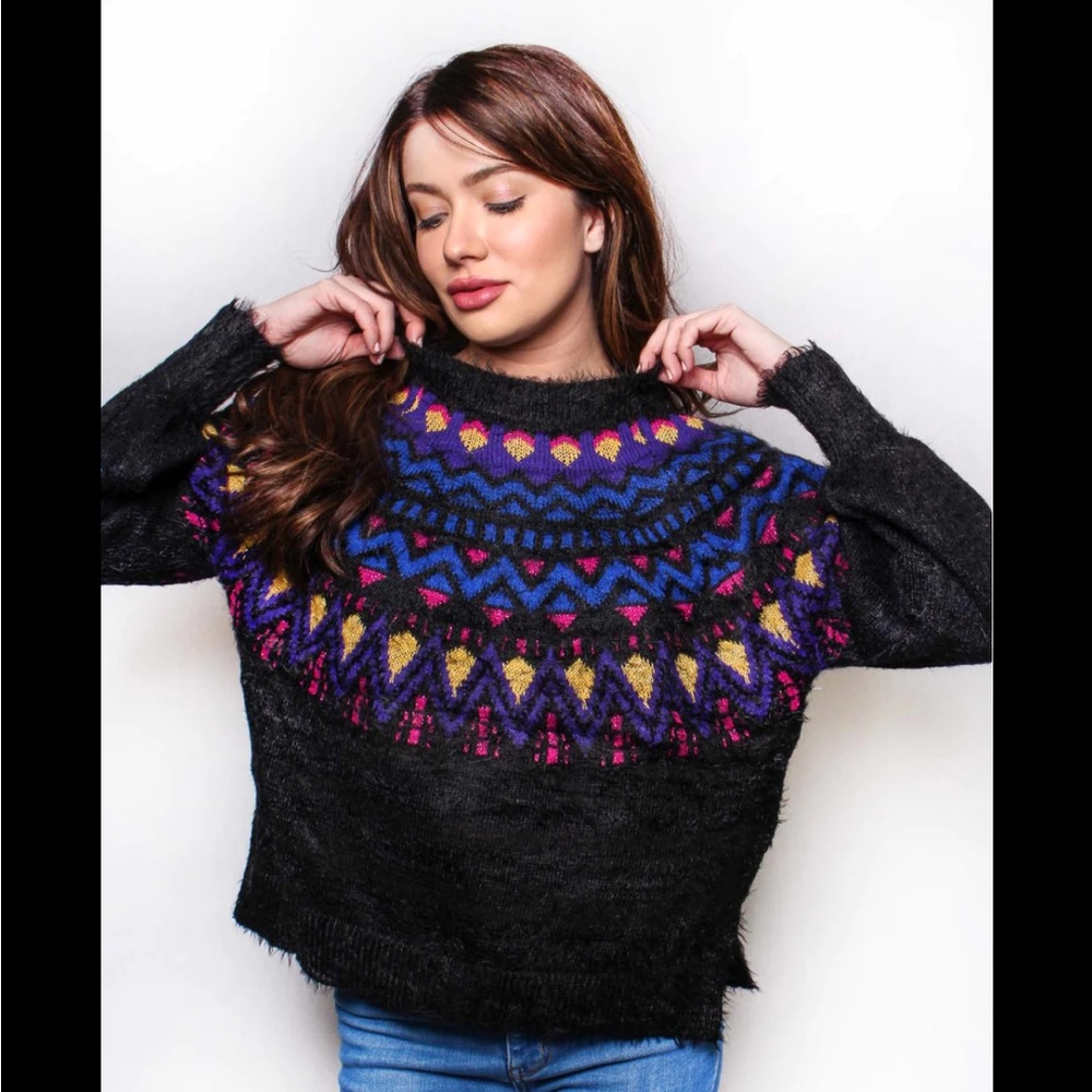 “Fair Isle" Fuzzy Sweater-Black Soot
Multi Color